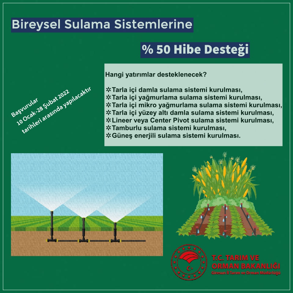 Bireysel Sulama Sistemleri %50 Hibe Desteği Başvuruları Başladı