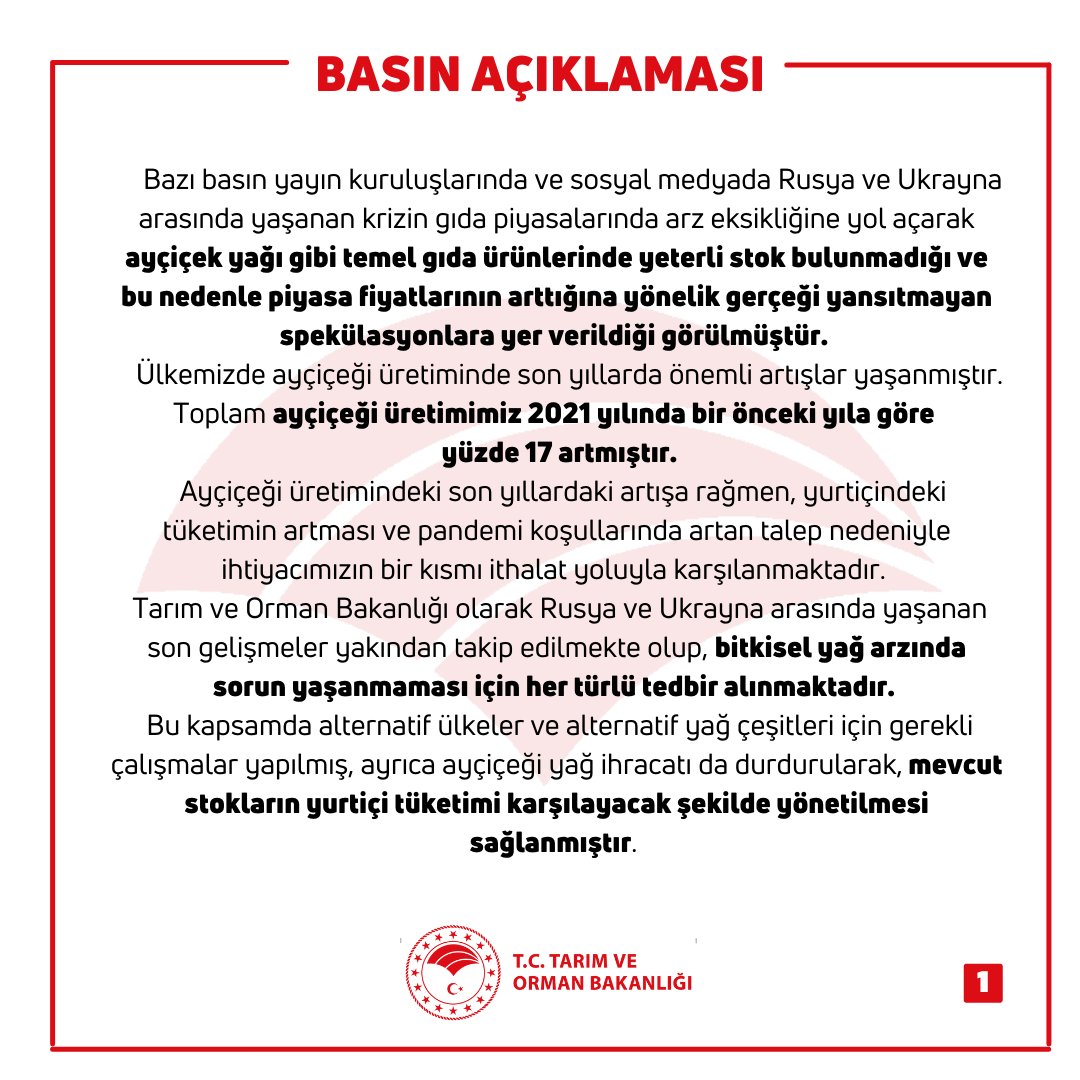 TARIM BAKANLIĞI’NDAN YAĞ AÇIKLAMASI!