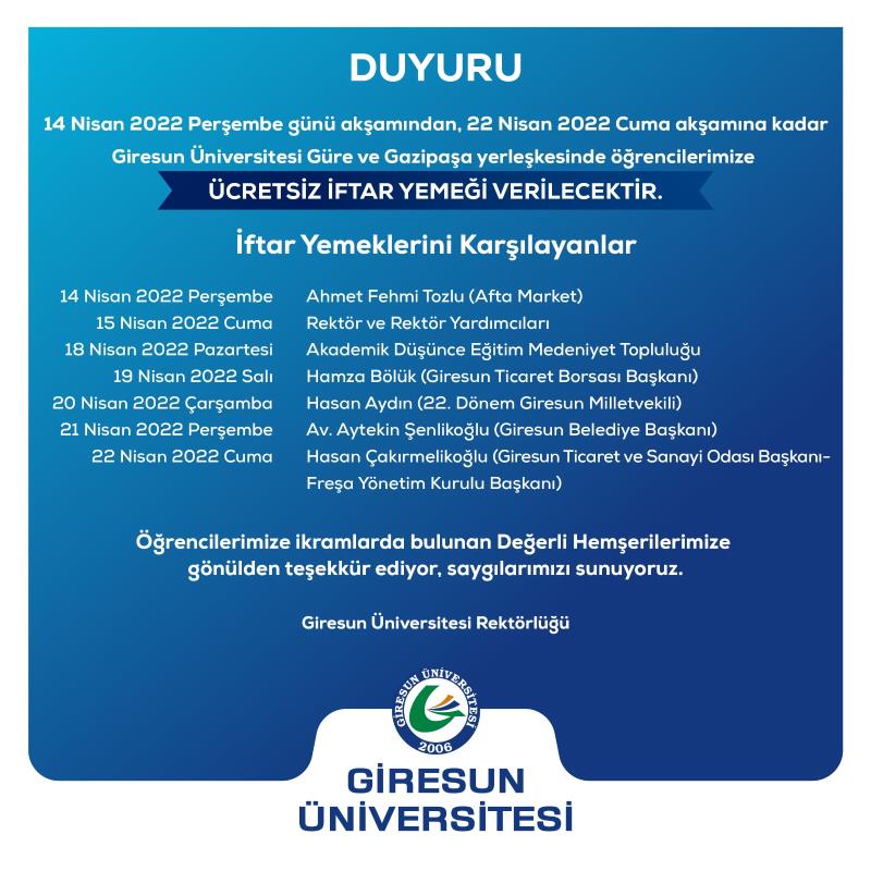 Giresun Üniversitesi Kampüsünde Ücretsiz İftar Yemeği