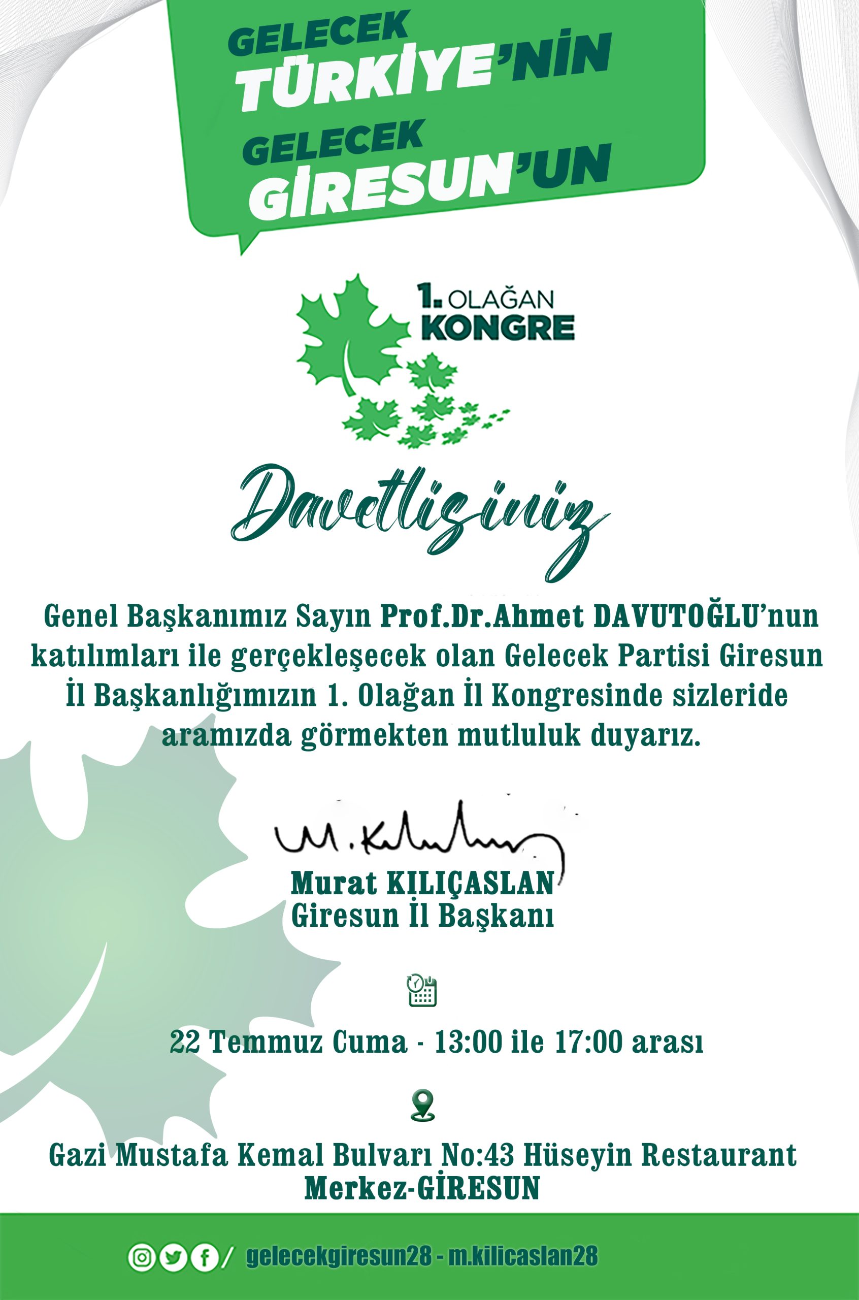 Gelecek Partisi Genel Başkanı Ahmet Davutoğlu Giresun’a Geliyor