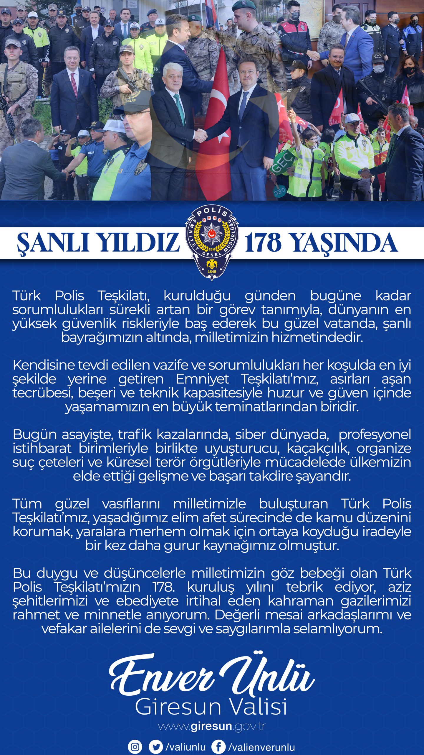 Vali Ünlü’nün Türk Polis Teşkilatı’nın 178. Kuruluş Yıl Dönümü Mesajı