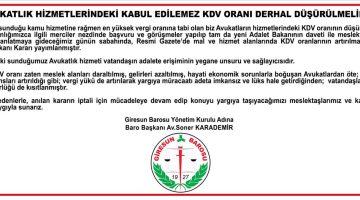 Giresun Barosu’ndan KDV Oranına İtiraz