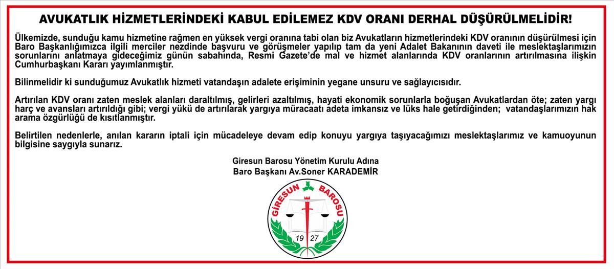 Giresun Barosu’ndan KDV Oranına İtiraz