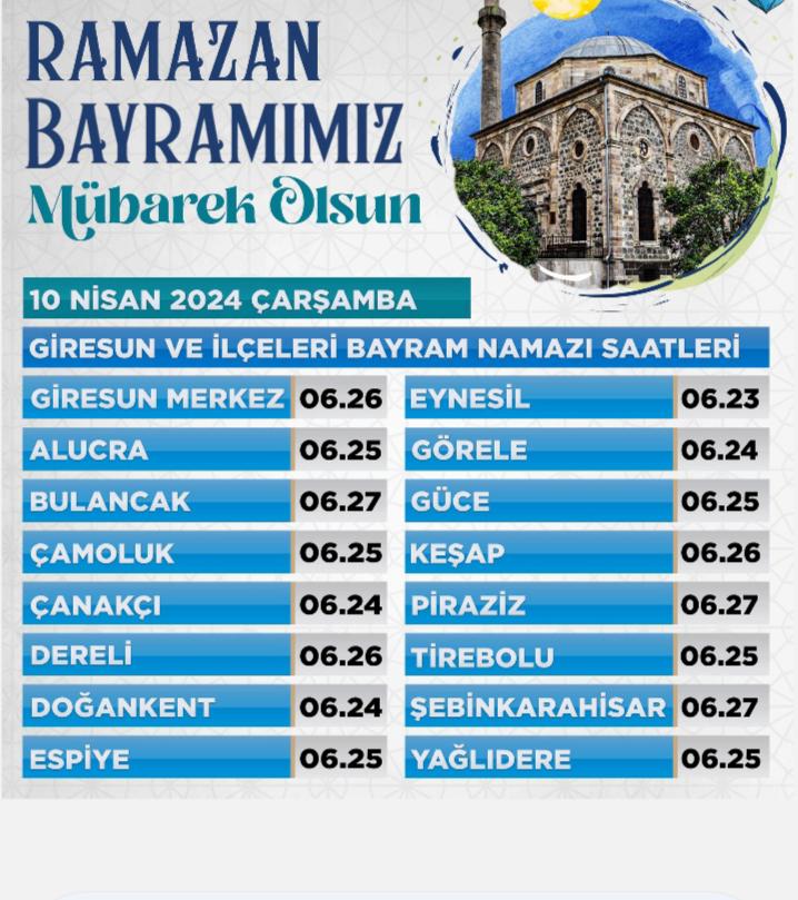 Giresun için Ramazan Bayram Namazı saatleri (2024)