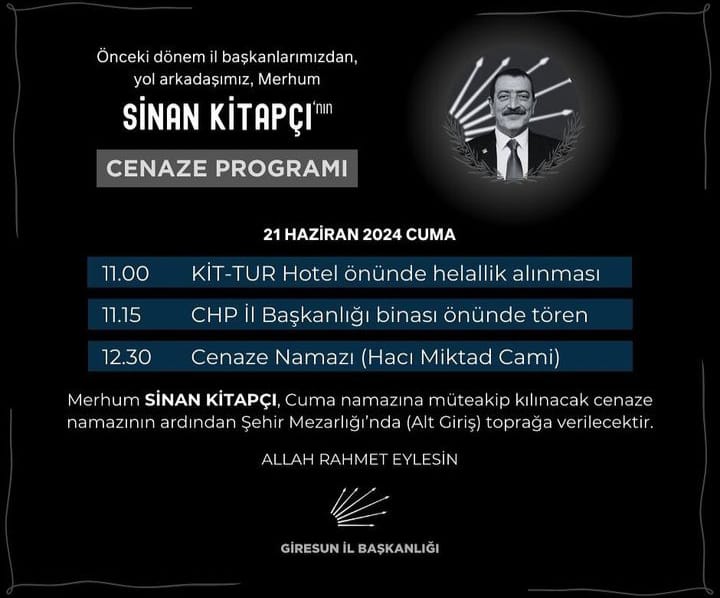 MERHUM SİNAN KİTAPÇI CENAZE TÖRENİ PROGRAMI