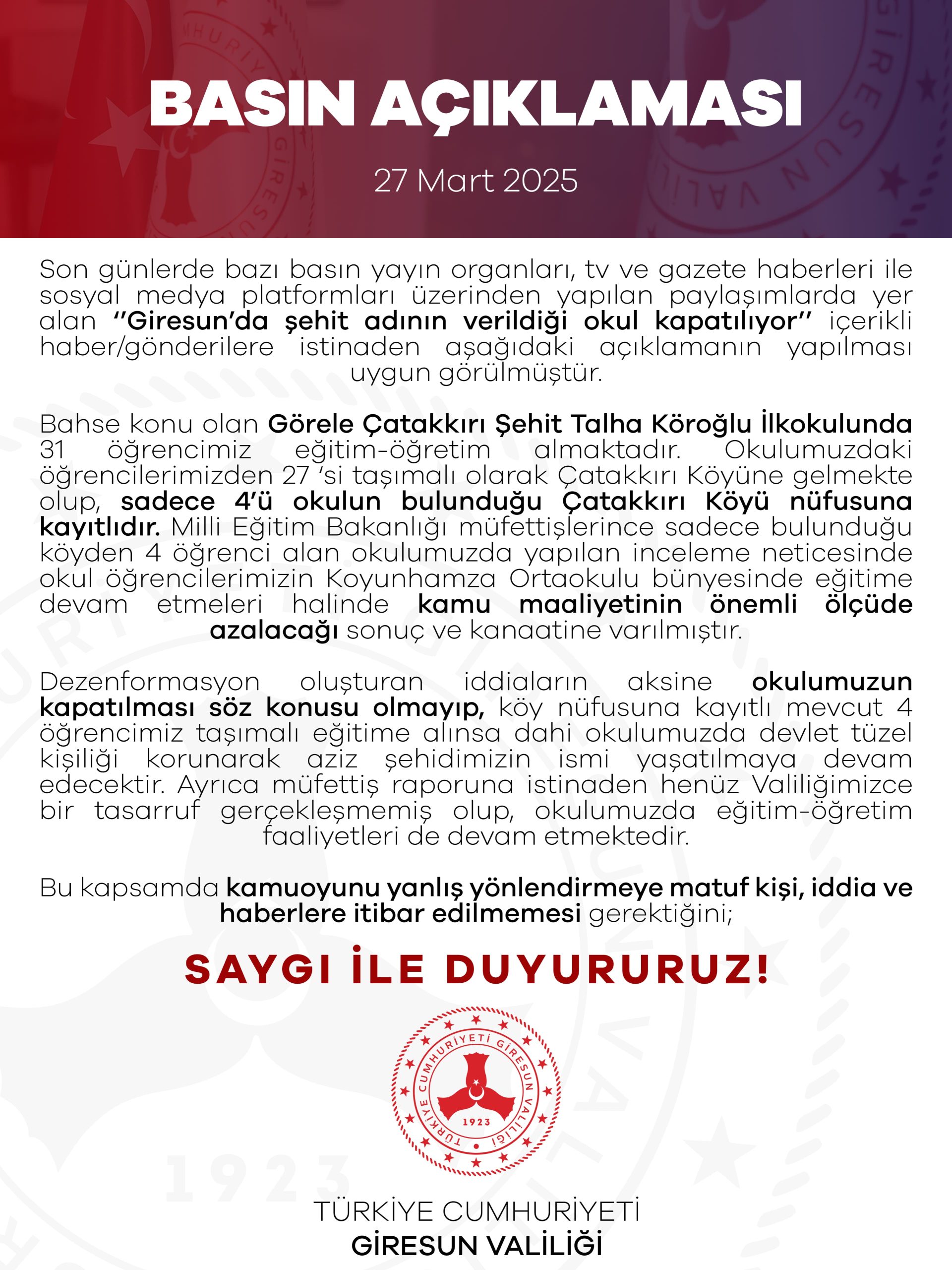 GİRESUN VALİLİĞİNDEN GÖRELE ÇATAKKIRI ŞEHİT TALHA KÖROĞLU İLKOKULU HAKKINDA AÇIKLAMA