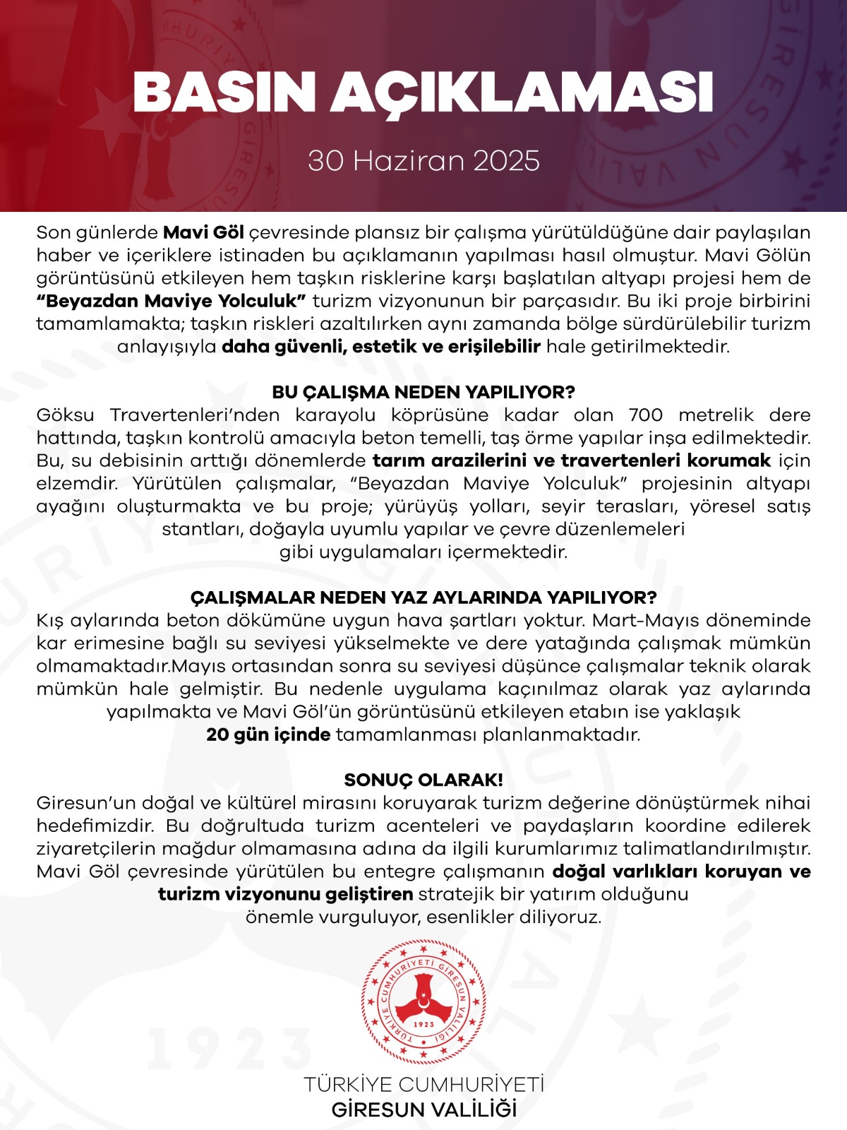 MAVİ GÖL ÇEVRESİNDE YÜRÜTÜLEN ÇALIŞMALAR HAKKINDA VALİLİKTEN AÇIKLAMA VALİLİK: “DOĞAL MİRAS KORUNARAK TURİZM VİZYONU GELİŞTİRİLİYOR”