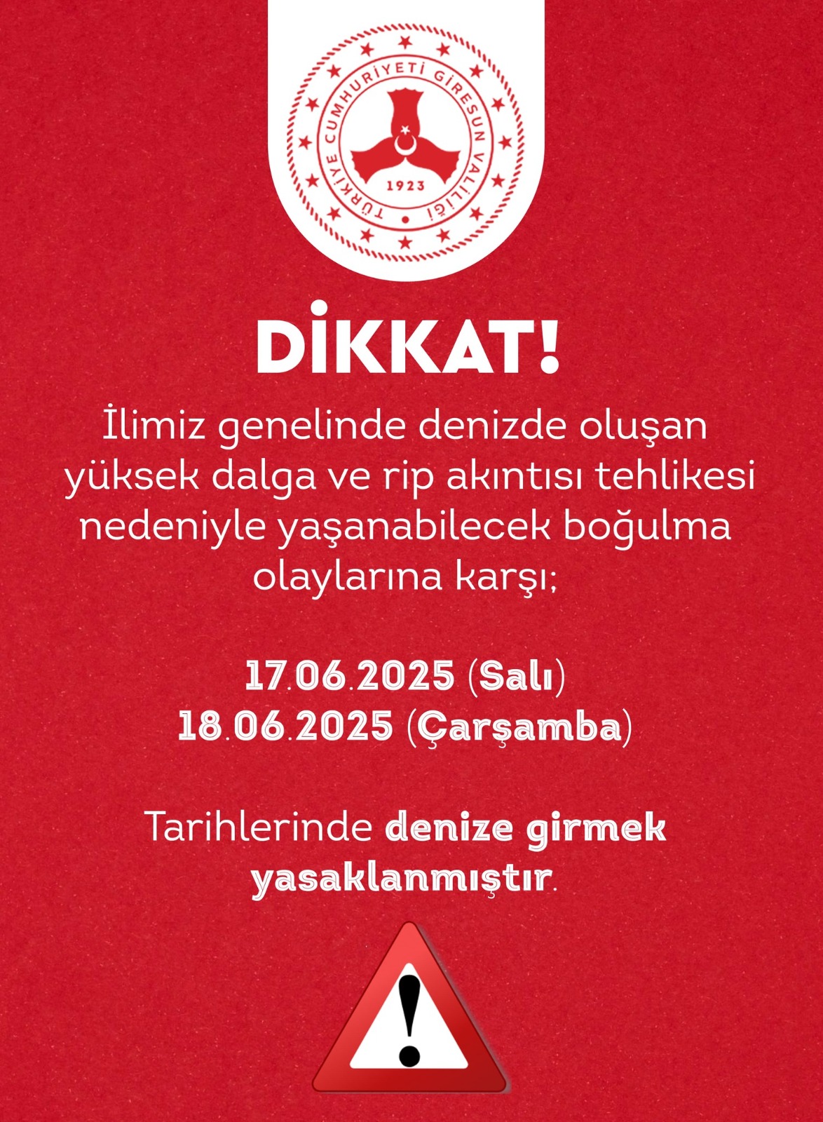 DUYURU – DENİZE GİRME YASAĞI