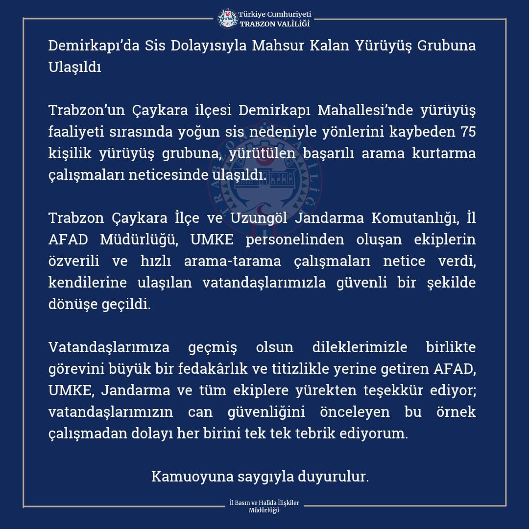DEMİRKAPI’da YOĞUN SİS NEDENİYLE MAHSUR KALAN YÜRÜYÜŞ GRUBU KURTARILDI