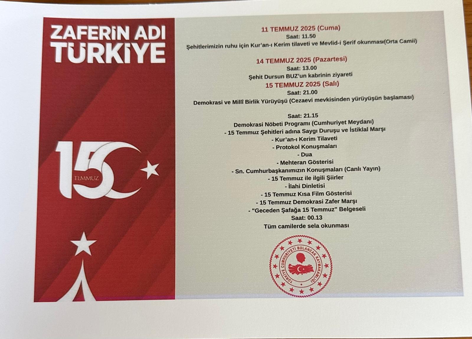 BULANCAK’ta 15 TEMMUZ ANMA PROGRAMI