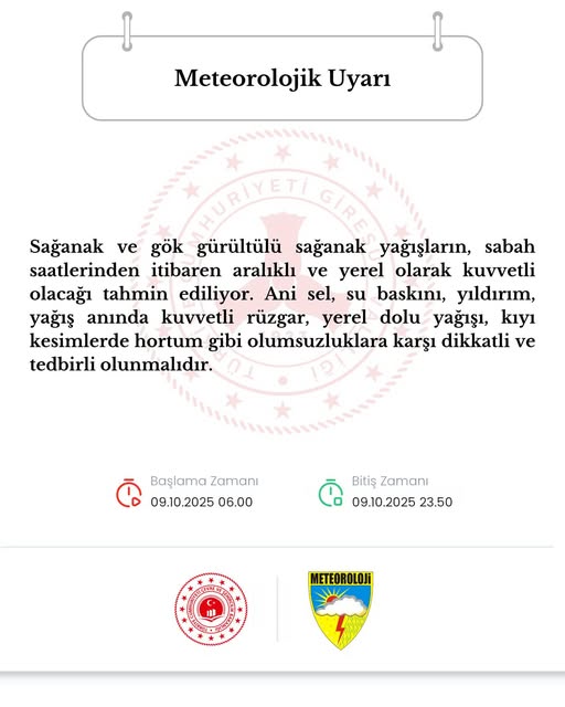 Giresun’da Kuvvetli Sağanak Yağış Uyarısı